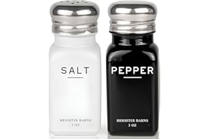 Farmhouse Salt and Pepper Shakers Set by Brighter Barns - Modern Kitchen Decor, Dining Table Countertop Accessory - Rustic, Vintage Glass Shakers with Stainless Steel Lids for Home, Restaurant