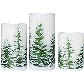 Wondise Flickering Flameless Pillar Candles with Timer, Battery Operated Real Wax Warm Light Christmas Tree Pine Tree Decal Candle for Home Decoration Christmas Gifts, Set of 3(D3 x H4/5/6 Inch)