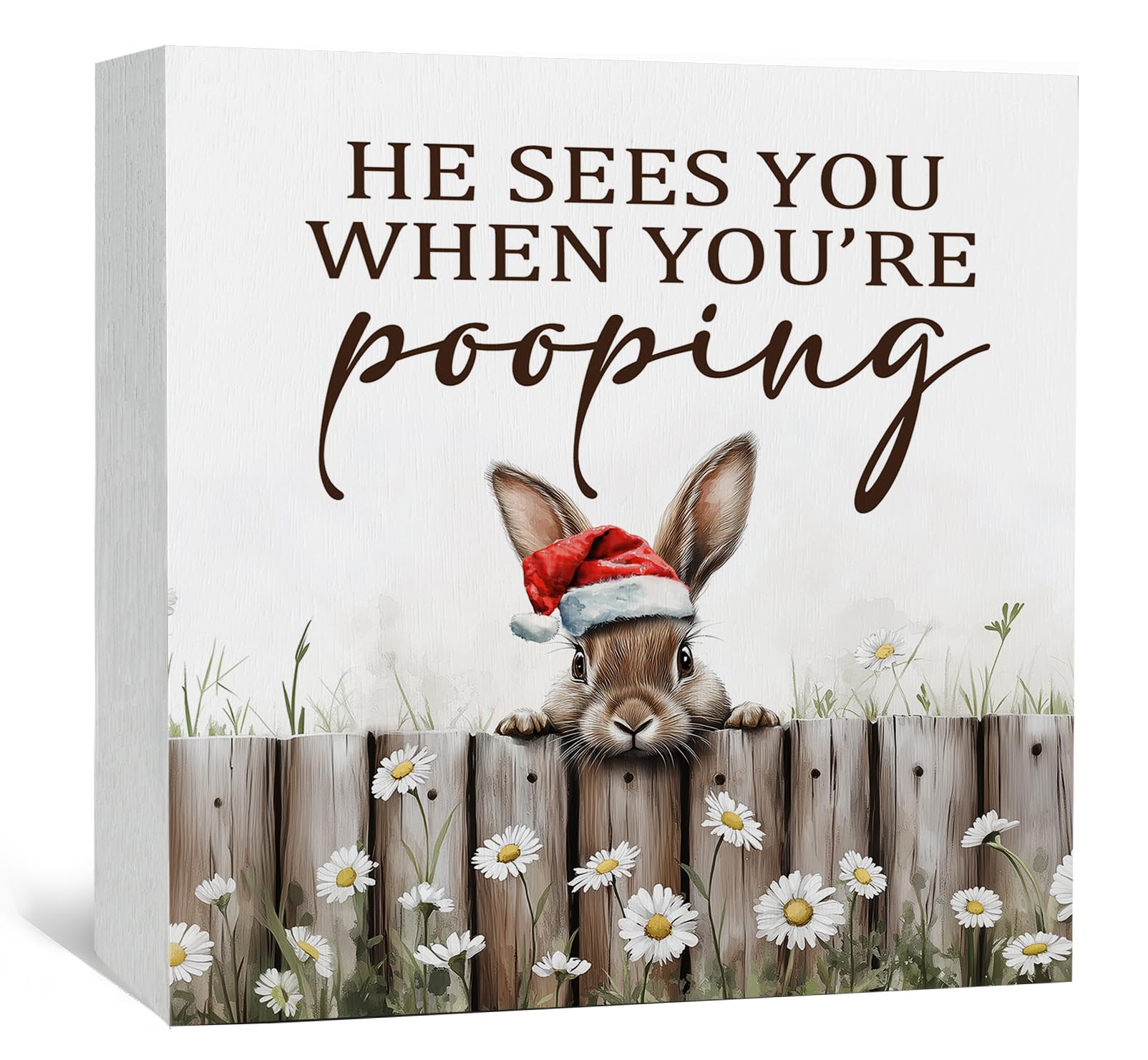 Nitelat Christmas Bunny Rabbit Home Bathroom Decor Sign - Farmhouse Western Christmas Animal Bathroom Decor,Rustic Farm Animal He Sees You When You're Pooping Signs,Bunny Rabbit Gifts for Women