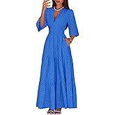 Lazysmile Long Sleeve Dresses for Women V Neck Hollow Out Eyelet Ruffle Swing A-Line Fall Vacation Boho Maxi Dress