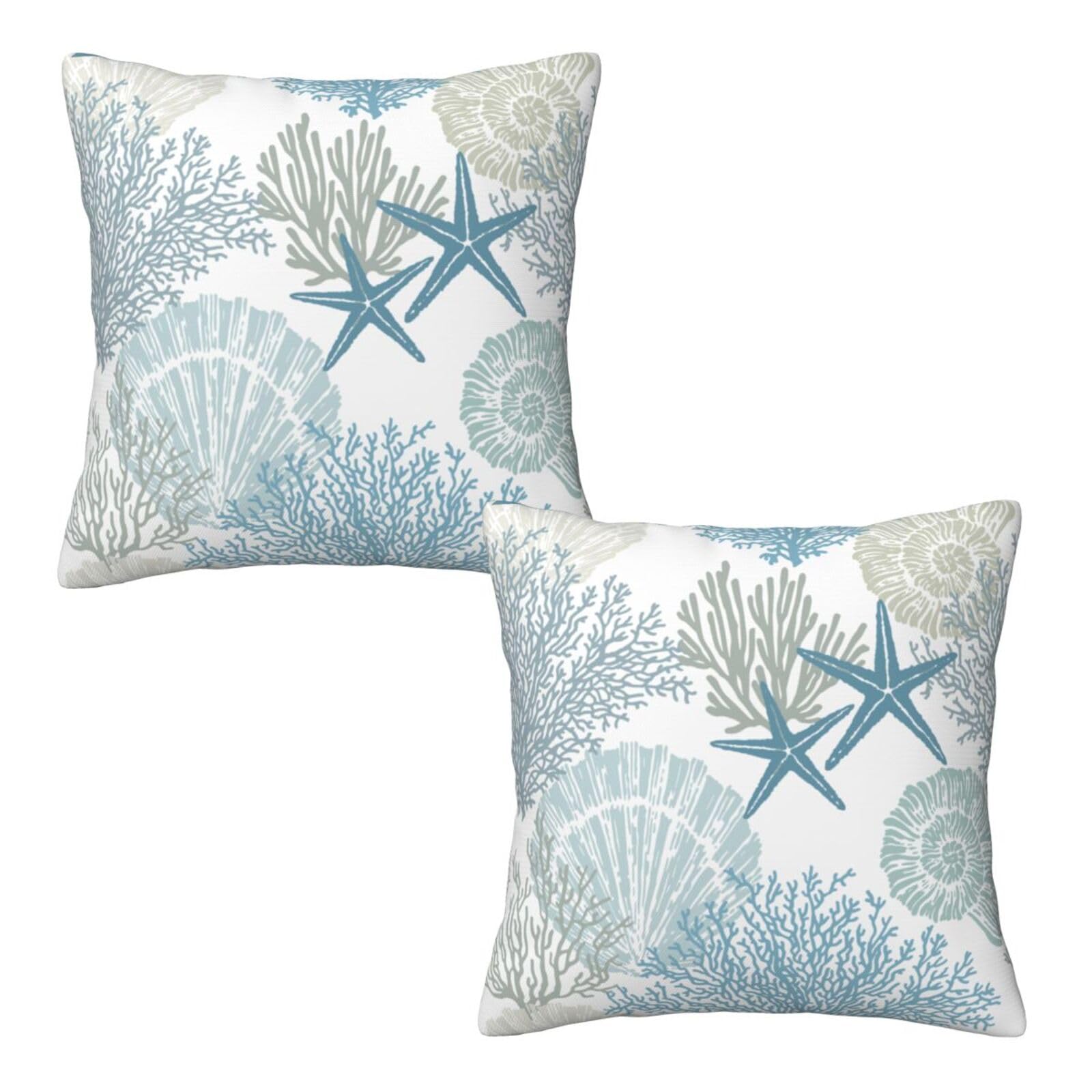 Photo 1 of Nautical Coastal Beach Pillow Covers 18x18 Set of 2, Ocean Themed Seashell Coral Starfish Throw Pillow Covers Outdoor Decorative Pillow Case for Couch Bed Sofa Cushion Home Decor