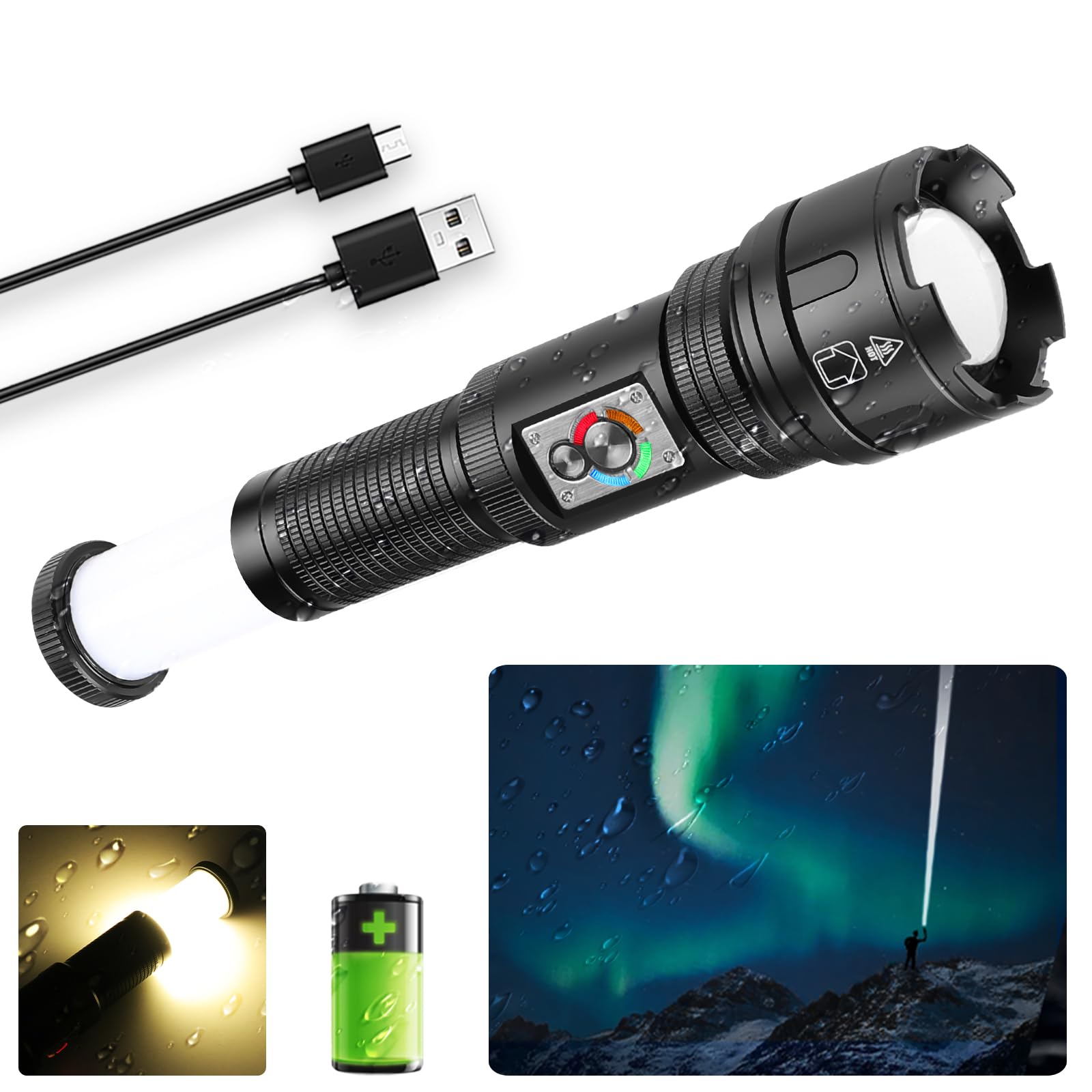 Bufccy LED Torches Super Bright Rechargeable Torch with COB Work Light,500000 Lumens Waterproof Tactical Torch Powerful Flashlight for Camping, Hiking, Emergency, Dog Walking