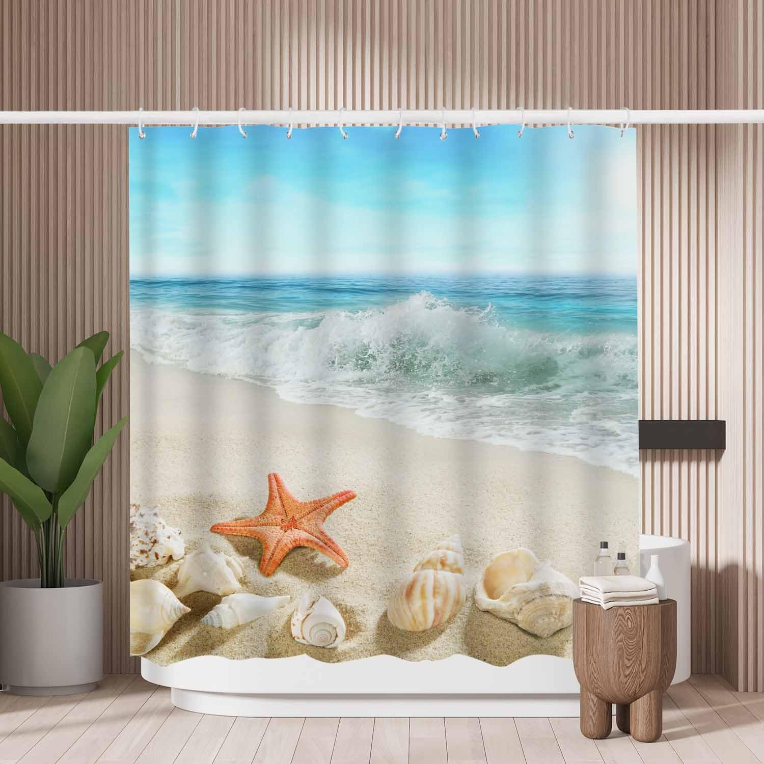 Woutay Shower Curtain Mould Proof Resistant Splashing Waves on The Beach,Water Repellant Fabric,Polyester,with 12 Plastic Hooks