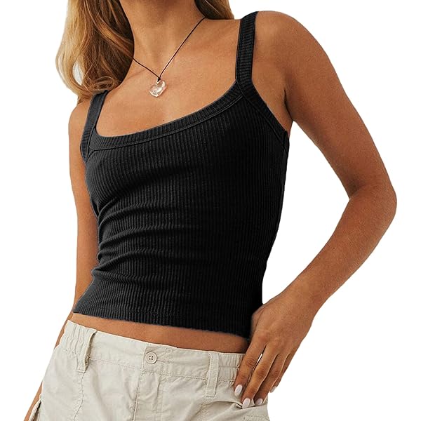 Women Spaghetti Strap Square Neck Ribbed Fitted Tank Top