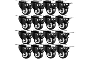 GCFOIR 1.5" Casters Set of 16 Heavy-Duty Industrial Caster Wheels with Brake PU No Noise Wheels Double Locking and Double Ball Bearing Swivel Locking Casters for Workbench, Furniture, Plate Castors Black