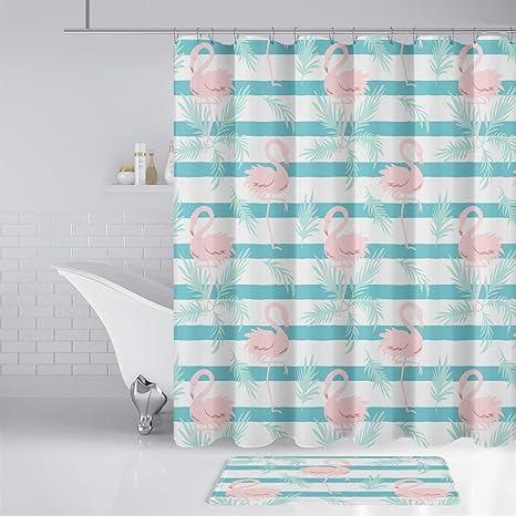 Shower Curtain Set Pink Flamingo Bathroom Accessories Waterproof Fabric Hooks