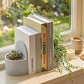 SiliFine 3D Printed Plant Pot Bookend Marble White with Hidden Water Tray | Novelty Dual Use Book End, Home Office Shelf Decor, Gift for Plant Reading Lovers, Plants Not Included