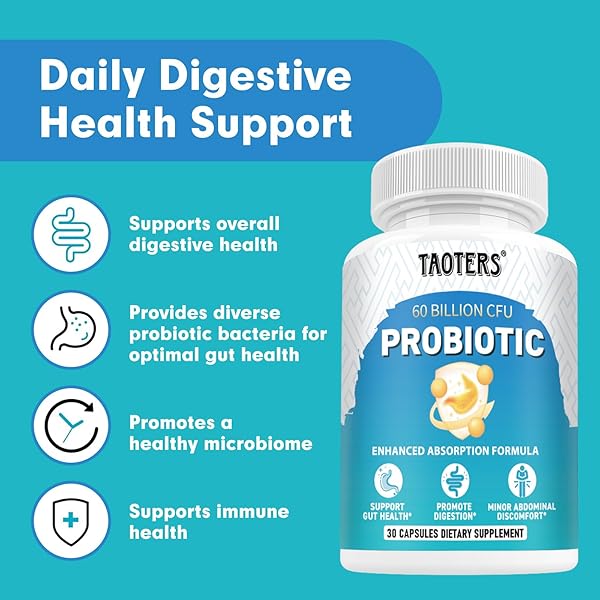 TAOTERS PROBIOTICS FOR DIGESTIVE HEALTH, 60 BILLION CFU – 10 STRAINS | PREBIOTICS AND PROBIOTICS – IMMUNE & GUT HEALTH FOR WOMEN & MEN | SUPPORTS PH BALANCE, DIARRHEA, GAS & BLOATING | 30 CAPSULES