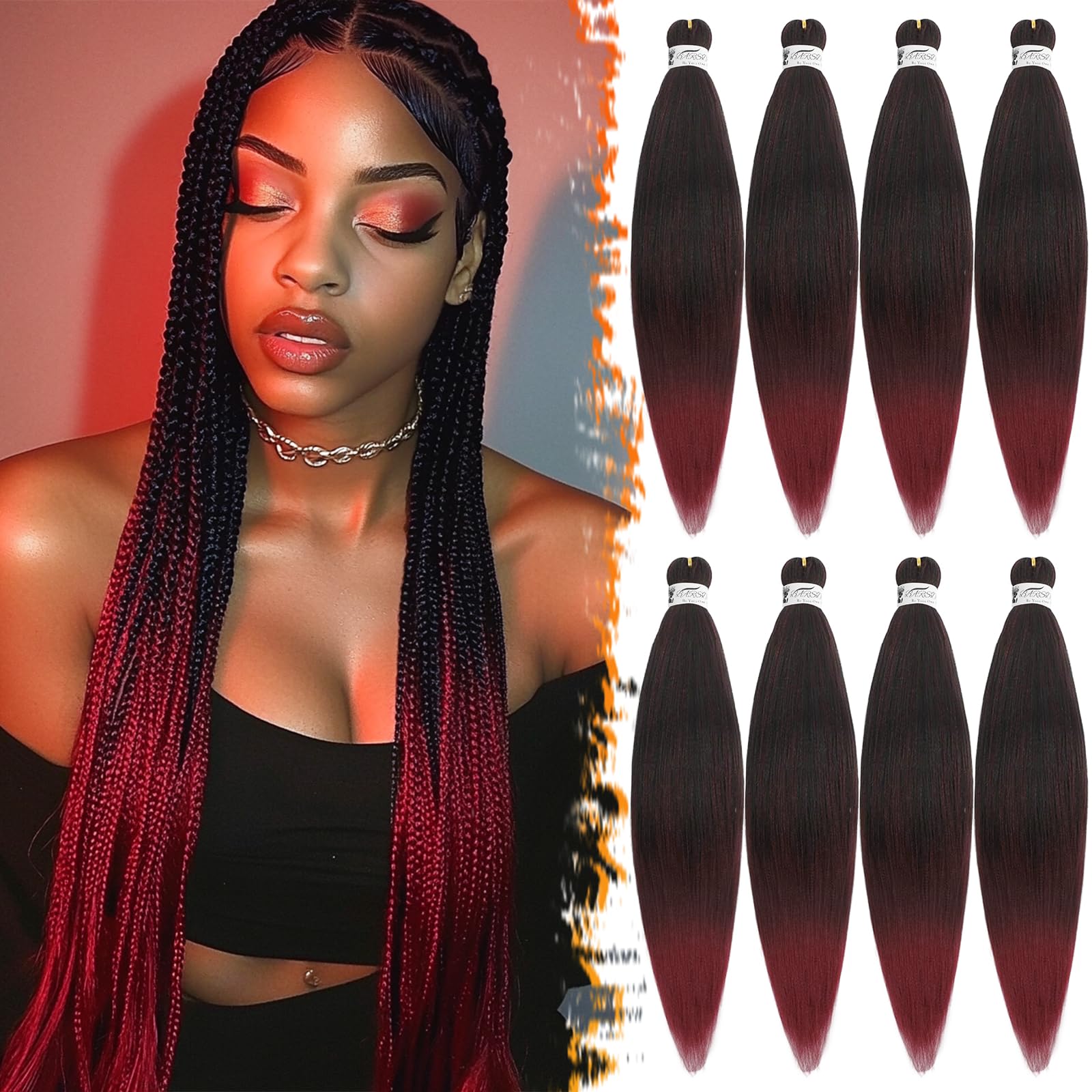 BARSDAR Pre stretched Braiding Hair, 26 Inch 8 Packs Ombre Red Long Braiding Hair Pre Stretched Yaki Texture Hot Water Setting Professional Synthetic Crochet Braiding Hair Extensions -T1B/900#