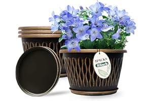 Usocik 4 Pack 10 Inch Retro Plant Pots, Vintage Striped Flower Pots with Drainage Hole & Saucer, Large Plastic Planters for Indoor and Outdoor Plants, Decorative Garden Pots(Gold)