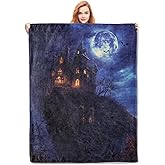VANZEV Gothic Fleece Blanket Gifts, Creepy Castle and Full Moon Design, Soft Throw 50x60 inches, Ideal for Halloween Night Decor - Dark Blue and Orange