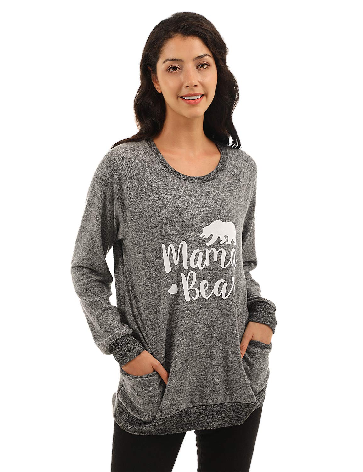 Blooming Jelly Womens Mama Bear Sweaters Long Sleeve Round Neck Pullover Tops with Pocket(S,Dark Grey)