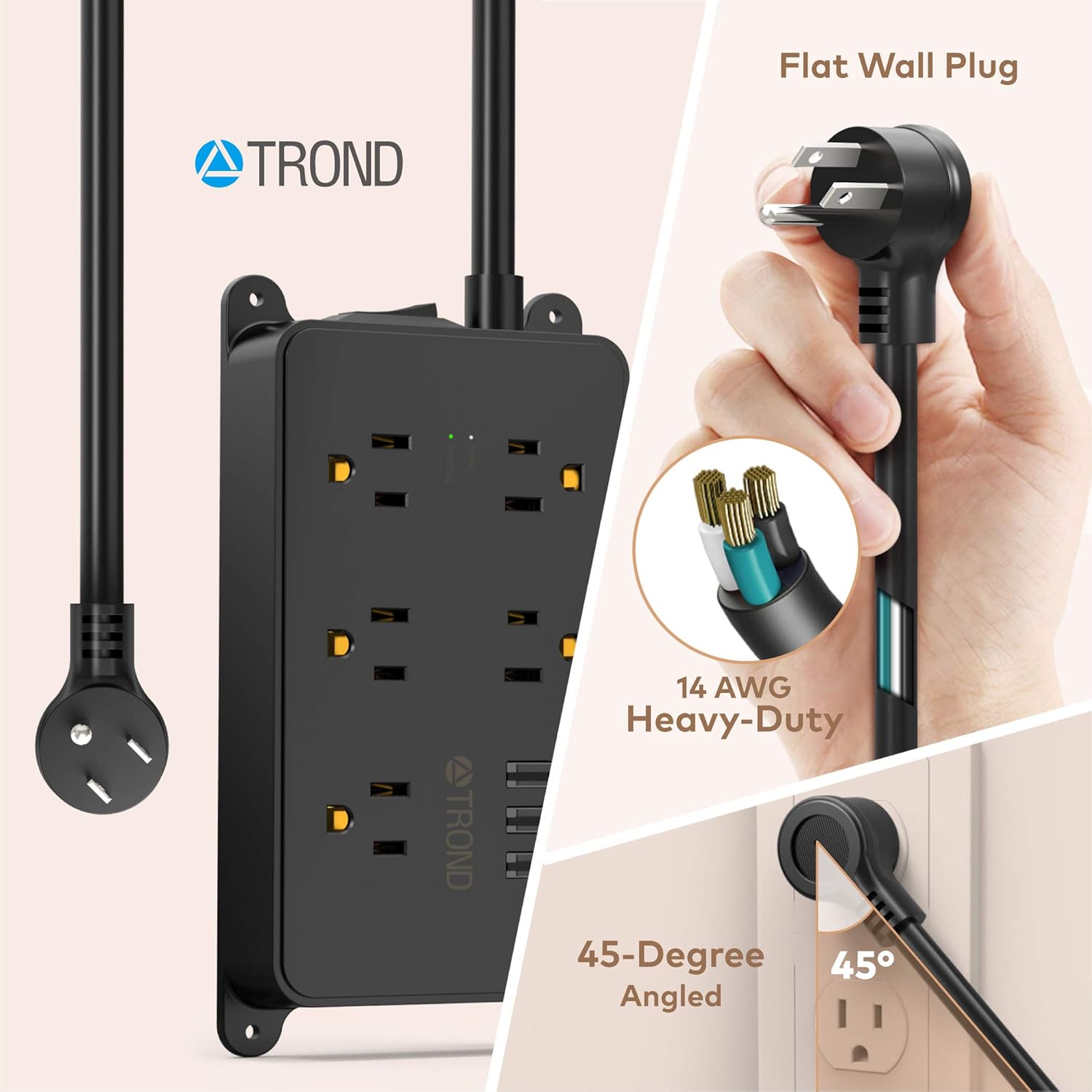 Power Strip with USB, TROND Surge Protector Flat Plug with 5 Widely-Spaced Outlets, ETL Listed, 1300 Joules, Wall Mountable 5ft Extension Cord, for Kitchen Garage Laundry Room Behind TV, Black: Electronics