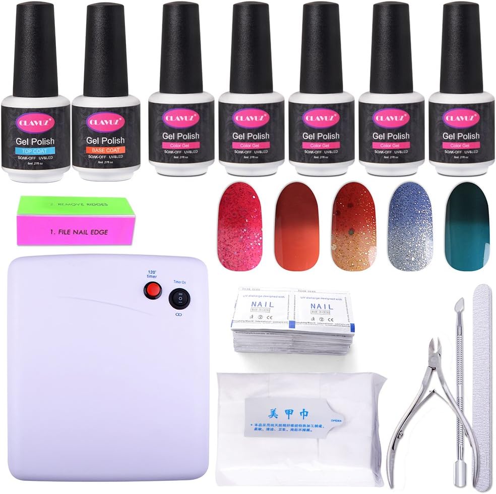 CLAVUZ Gel Nail Polish Sets with UV Lamp Soak Off Colour Changing Nail Lacquer Top and Base Coat Nail Remover Starter Nail Art Tool Kit