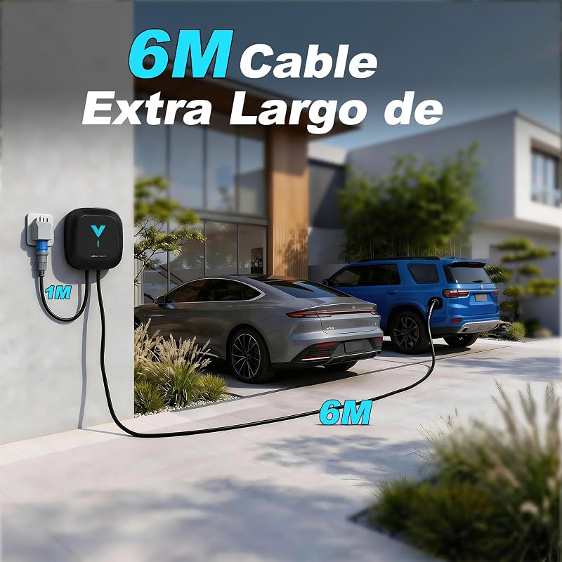 Wallbox 7.4kW mit APP, Typ 2 Ladekabel, 1-Phase 6-32A EV-Ladegerät, 6m Kabel mit Kabelhalter, RCD Typ A & IP67, Ladestation mit WLAN & Bluetooth, für Zuhause für BEV PHEV