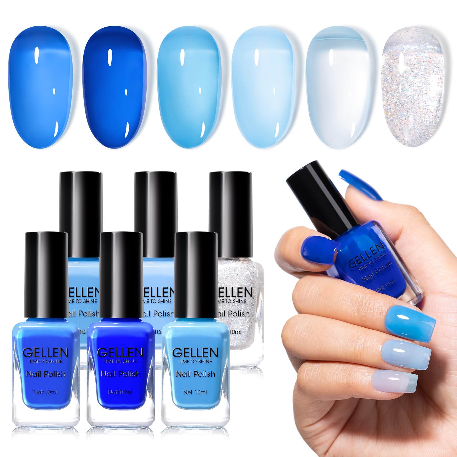 Photo 1 of Gellen Blue Jelly Nail Polish, Sheer Nail Polish Quick Dry Summer 6 Colors Blue Glitter Set, Natural Traditional Regular Nails Polish for Acrylic Natural Nails Home Salon, No Gel, Hema Free, Non-toxic