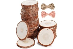wohohoho 24pcs 2.4-2.8 inches Natural Wood Slices, Unfinished Craft Wood Kit Predrilled with Hole Thickened Wooden Circles with Bark for DIY Ornaments Christmas Wedding Decorations Wood Coasters Tags