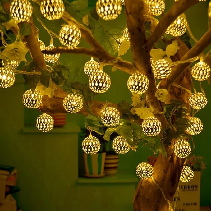 RaajaOutlets Metal Ball with 20 LED Hanging Lantern String Lights(Golden)