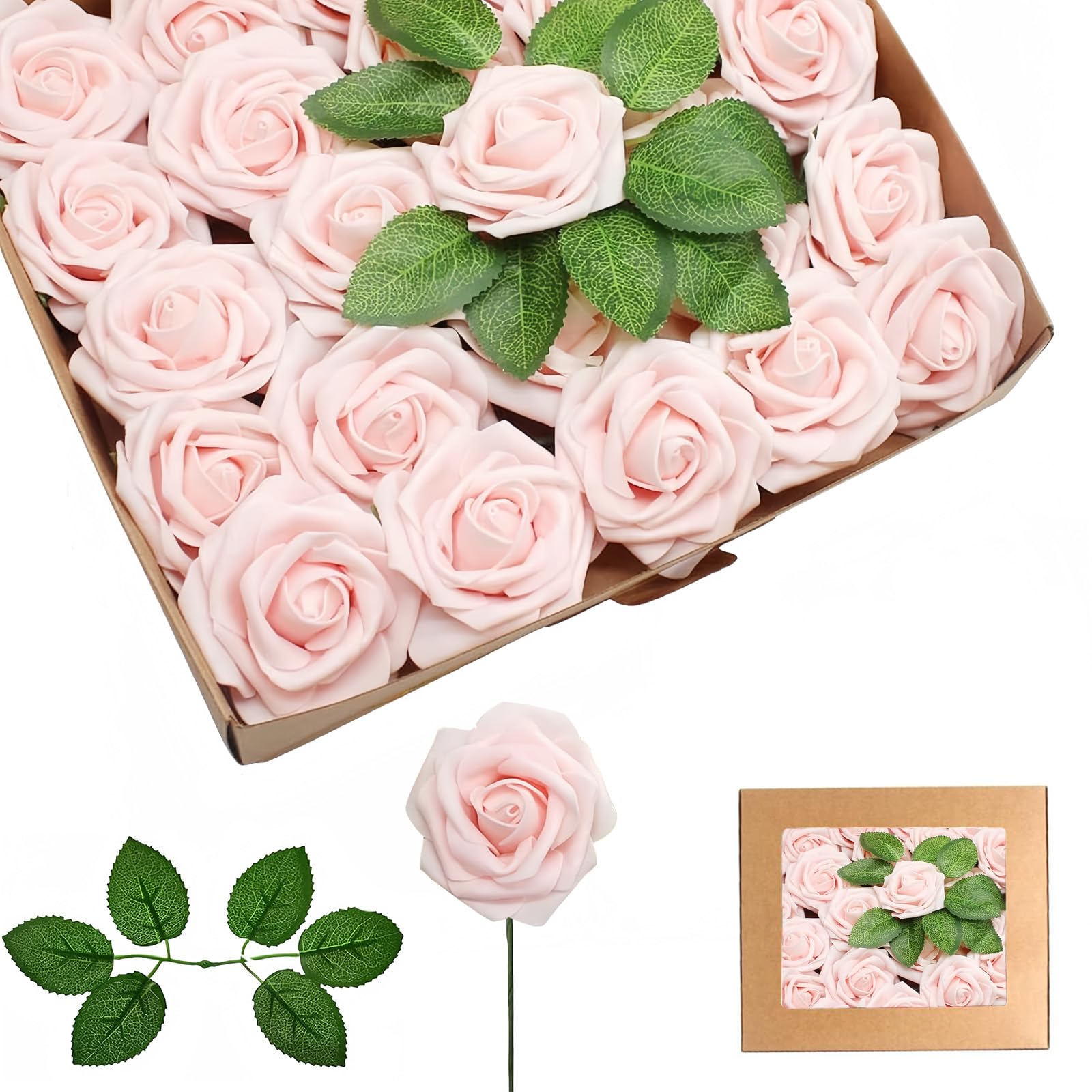 25Pcs Champagne Powder Artificial Roses, Real Touch Foam Roses with Stems, 4 Leaves, Artificial Flowers for Wedding,Bridal Bouquets,Cake,Grave Stone,Table Centerpieces,Baby Shower, Funeral Decoration