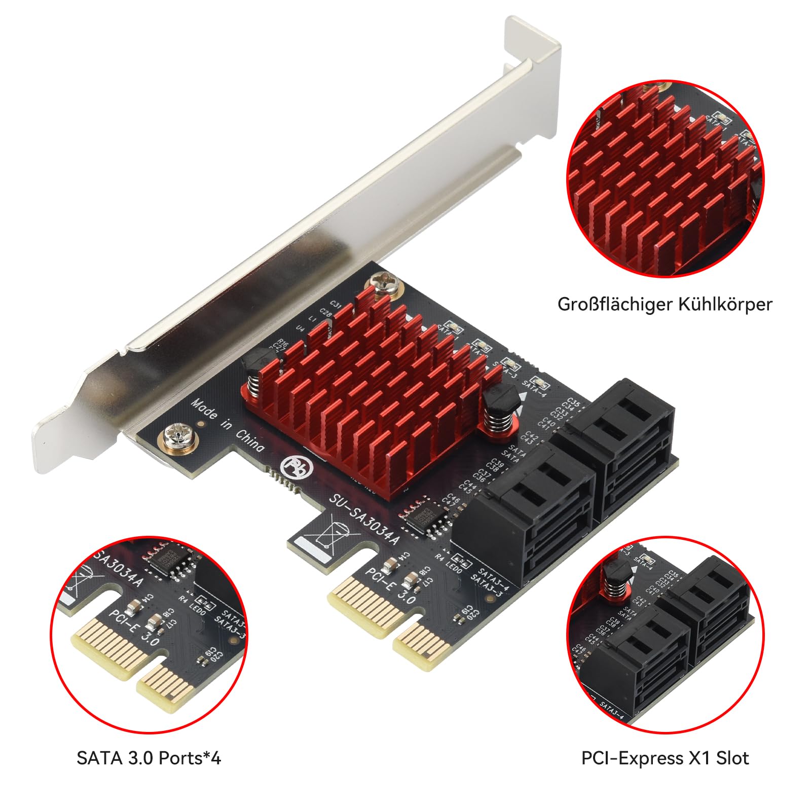 ELUTENG PCI-E zu SATA Adapter 4-Port PCIe Erweiterungskarte 6Gbps SATA 3.0 Controller PCI Express Controller Card mit Low-Profile Halterung für Windows/Linux, Non-Raid, Booten als Systemfestplatte 3