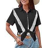 MYMORE Womens ❷⓿❷❺ Sparkly Beaded Fringe Cropped Button Down Shirt Tie Front Top Country Concert Western Cowgirl Outfit