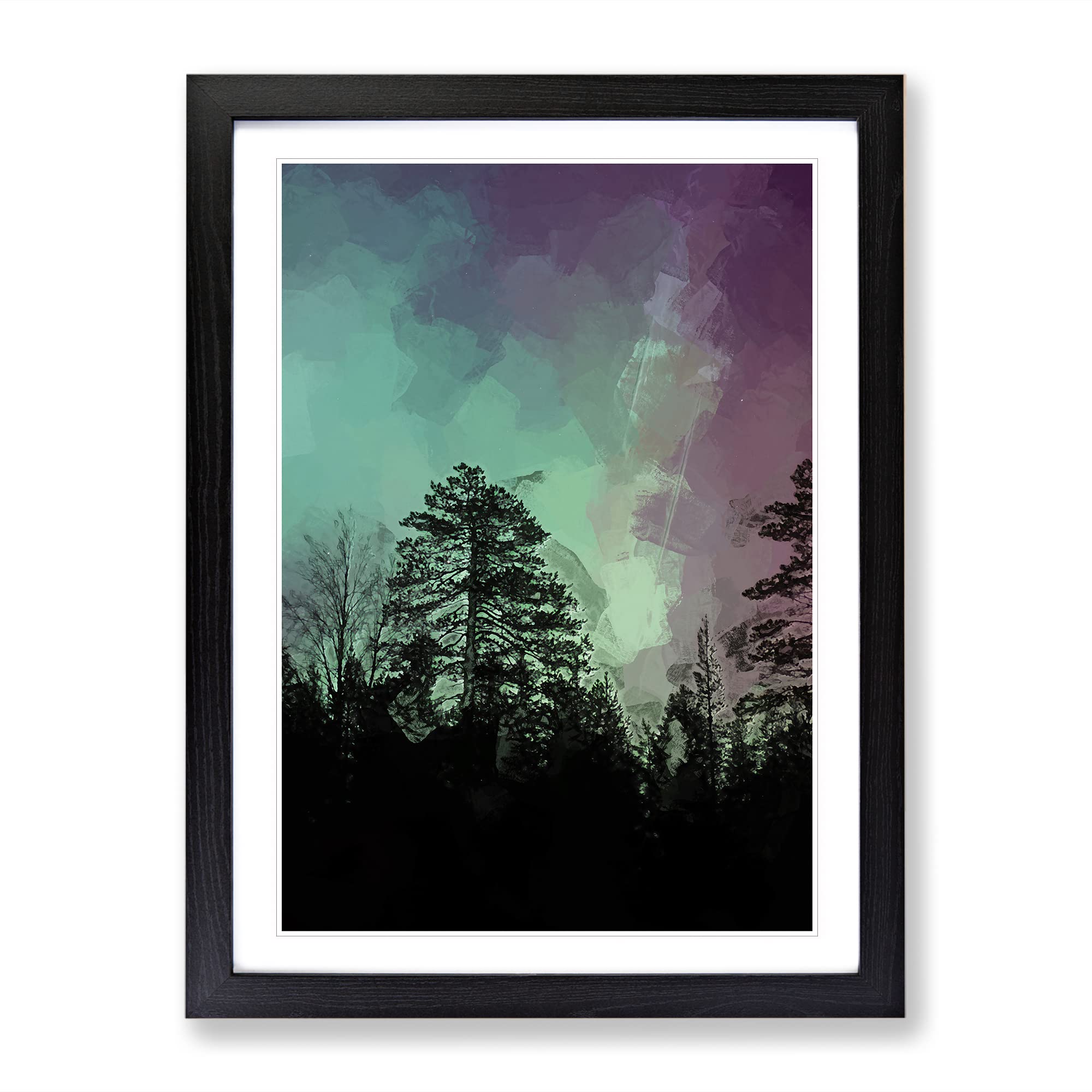 Northern Lights Over The Forest In Abstract Modern Framed Wall Art Print, Ready to Hang Picture for Living Room Bedroom Home Office Décor, Black A4 (34 x 25 cm)