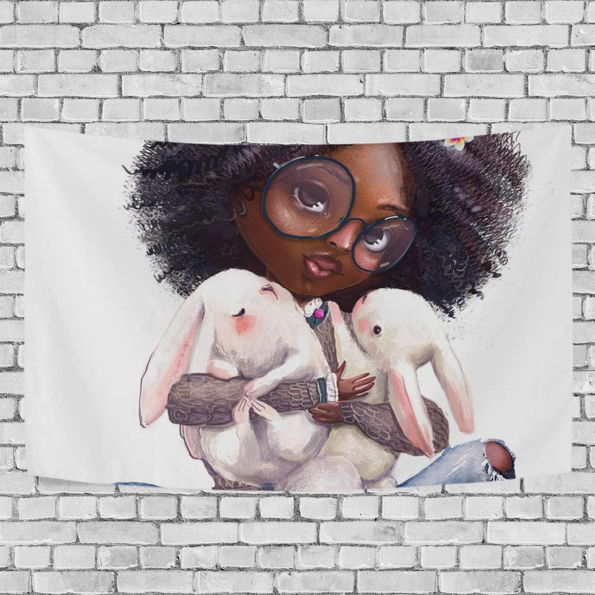 YUT African Girl Cute Rabbits Tapestry Wall Hanging Hippie Art Tapestries Home Decorations for Living Room Office Decor Outdoor Beach 60x51in
