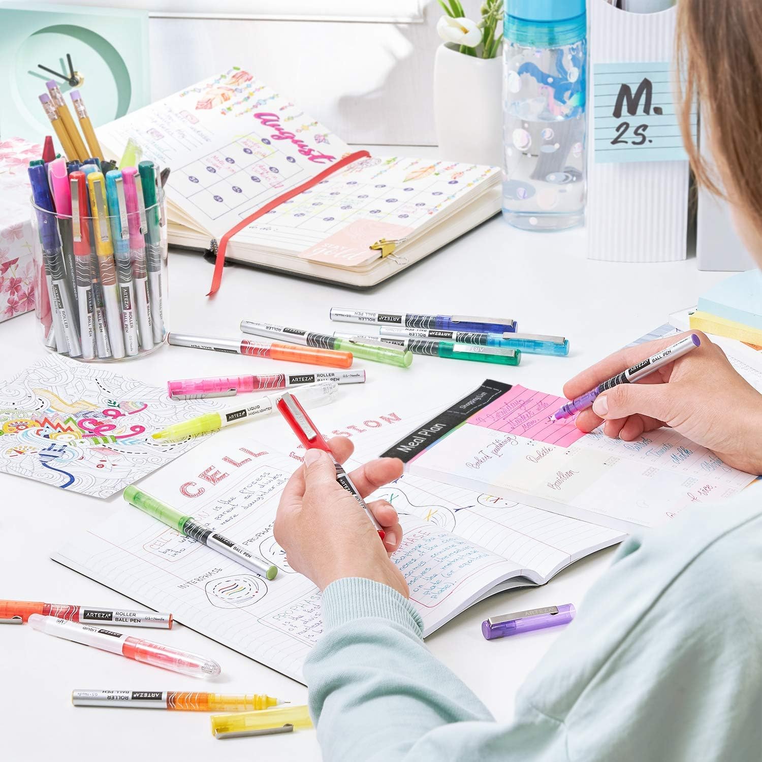 Arteza Rollerball Pens Fine Point, Set of 24 Colored Pens with Liquid Ink, Extra Fine 0.5 mm Needle Tip Pen, Make Precise Lines for Writing, Notetaking, and Drawing: Office Products