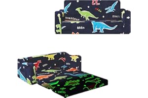 alldomess Kids Couch Extra Large,Glow in The Dark 2-in-1 Folding Kids Sofa Bed for Boys,2 Seats Convertible Sleeper Lounger Toddler Couch for Children Bedroom Playroom Nursery,Dinosaur