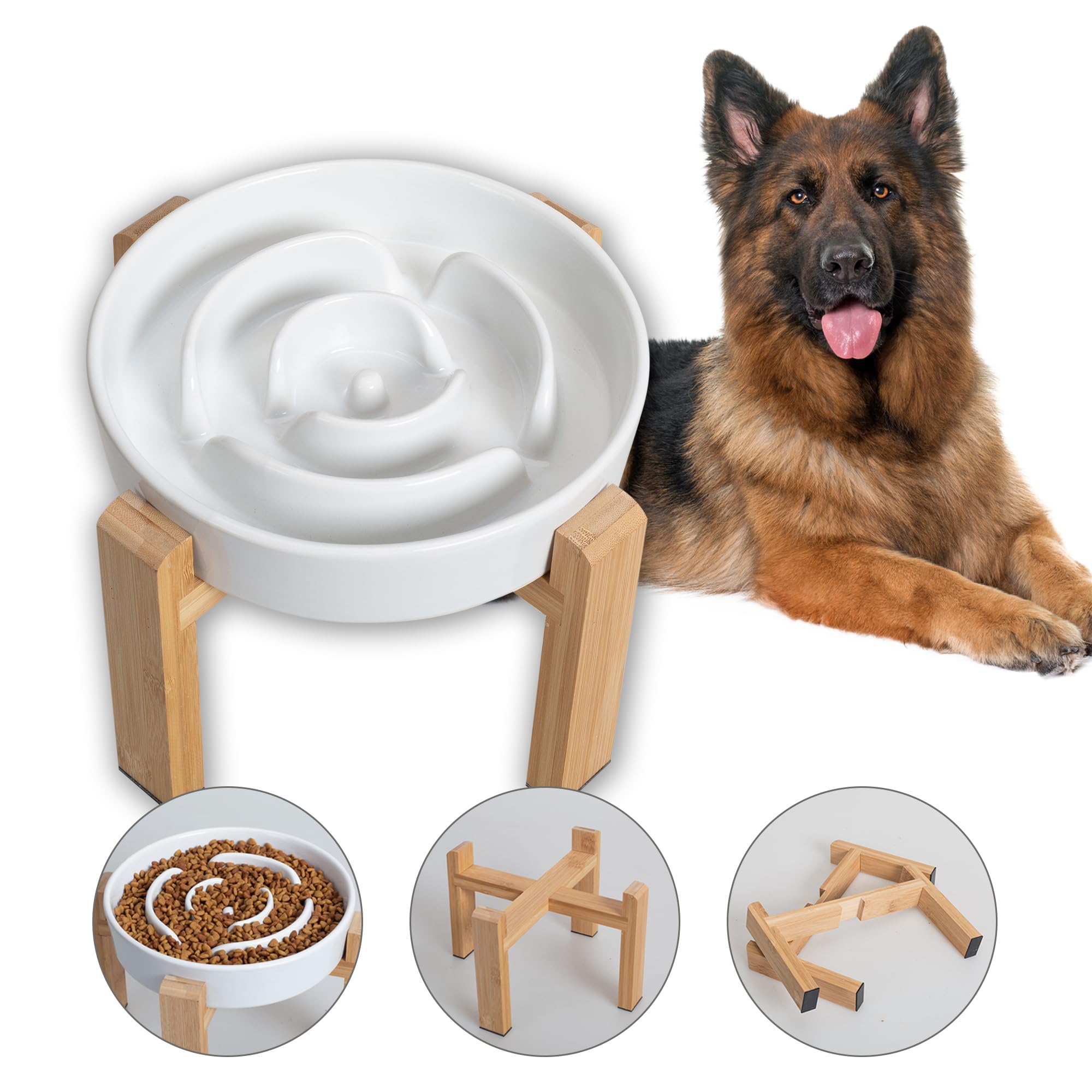 Photo 1 of Elevated Slow Feeder Dog Bowl - Ceramic Food Dish with Bamboo Stand - Raised Maze Design - Ideal for Medium to Large Dogs - White - 8.8 inch