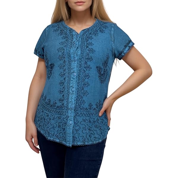 Women's Bohemian Embroidered Blouse – Rayon Short Sleeve Button-Down Top With Back Tie, Vintage Style