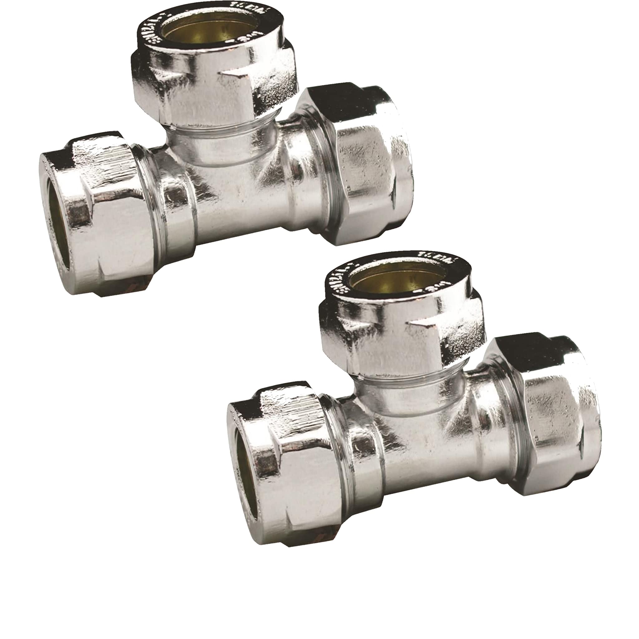 Pipestation® 15mm Chrome Compression Equal Tee | Copper Plumbing Connectors | T-Connector Fitting | Pack of 2