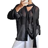 RoseSeek Women's Sheer Mesh Blouses Knot Front Button Down Shirts Long Sleeve See Through Tops