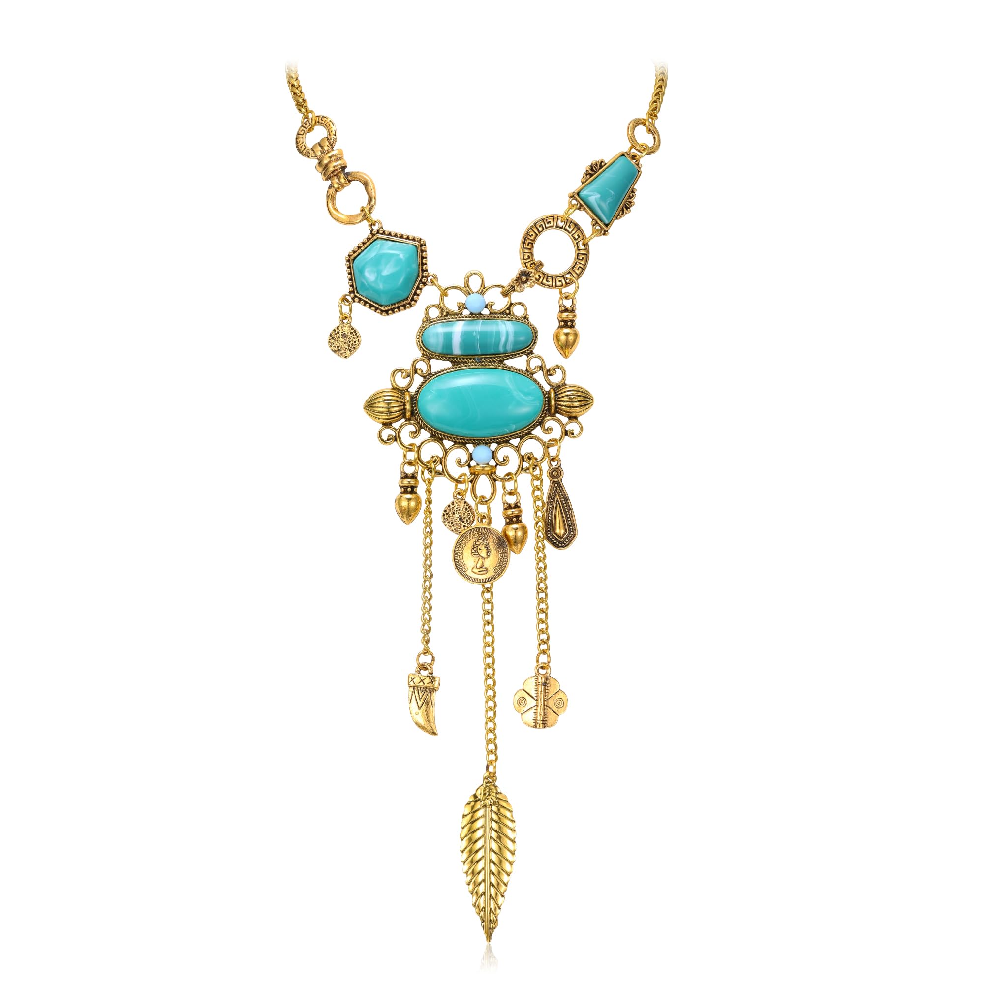 Ever Faith Blue Turquoise Long Collar Necklace, Vintage Western Style Ethnic Necklace for Women Girls Gold-Tone