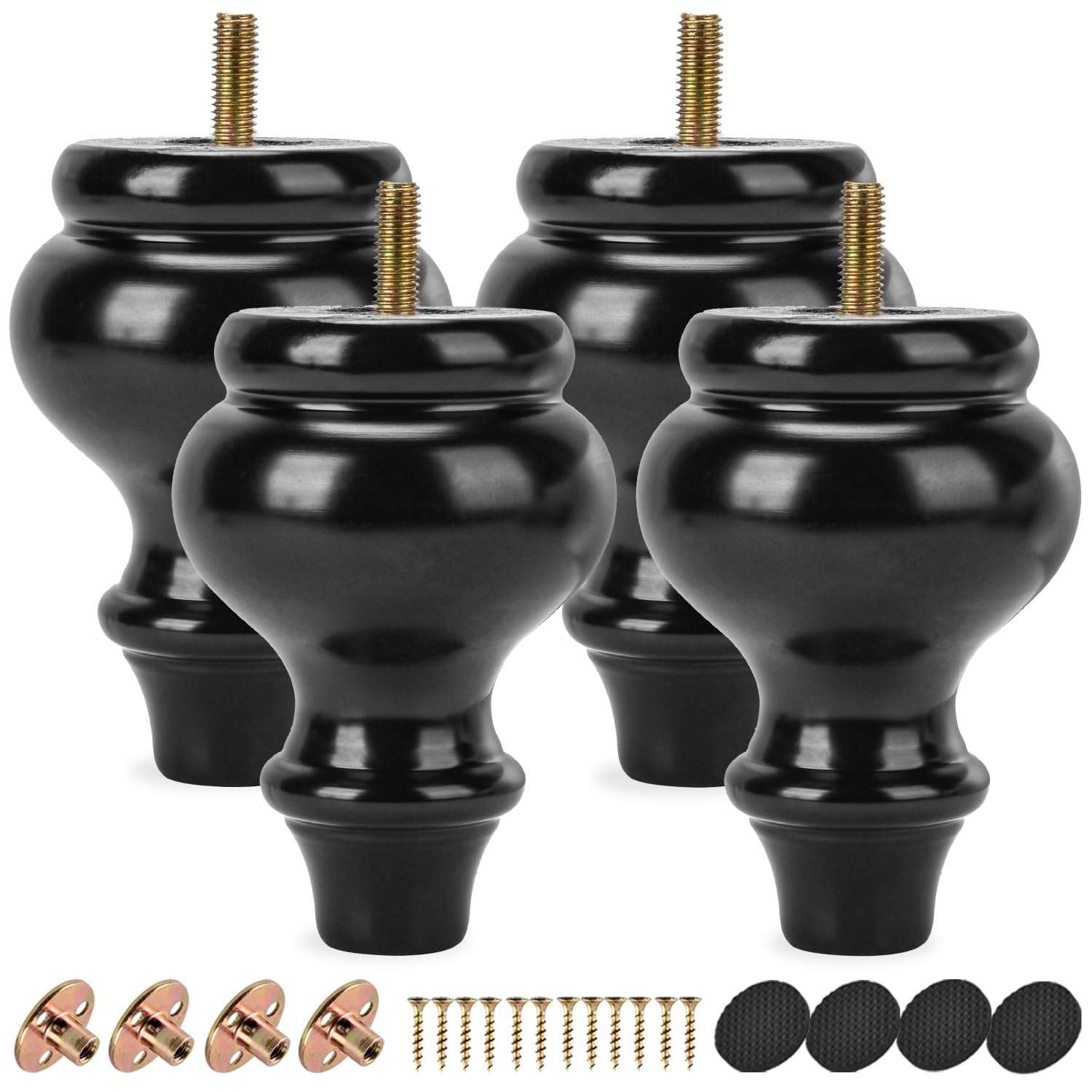 TCHOSUZ 5 inch / 13cm Wooden Furniture Legs, Pack of 4 Classic Black Solid Wood Turned DIY Replacement Bun Feet with M8 Hanger Bolts & T-Nuts for Sofa Couch Ottoman Cabinet Table Riser