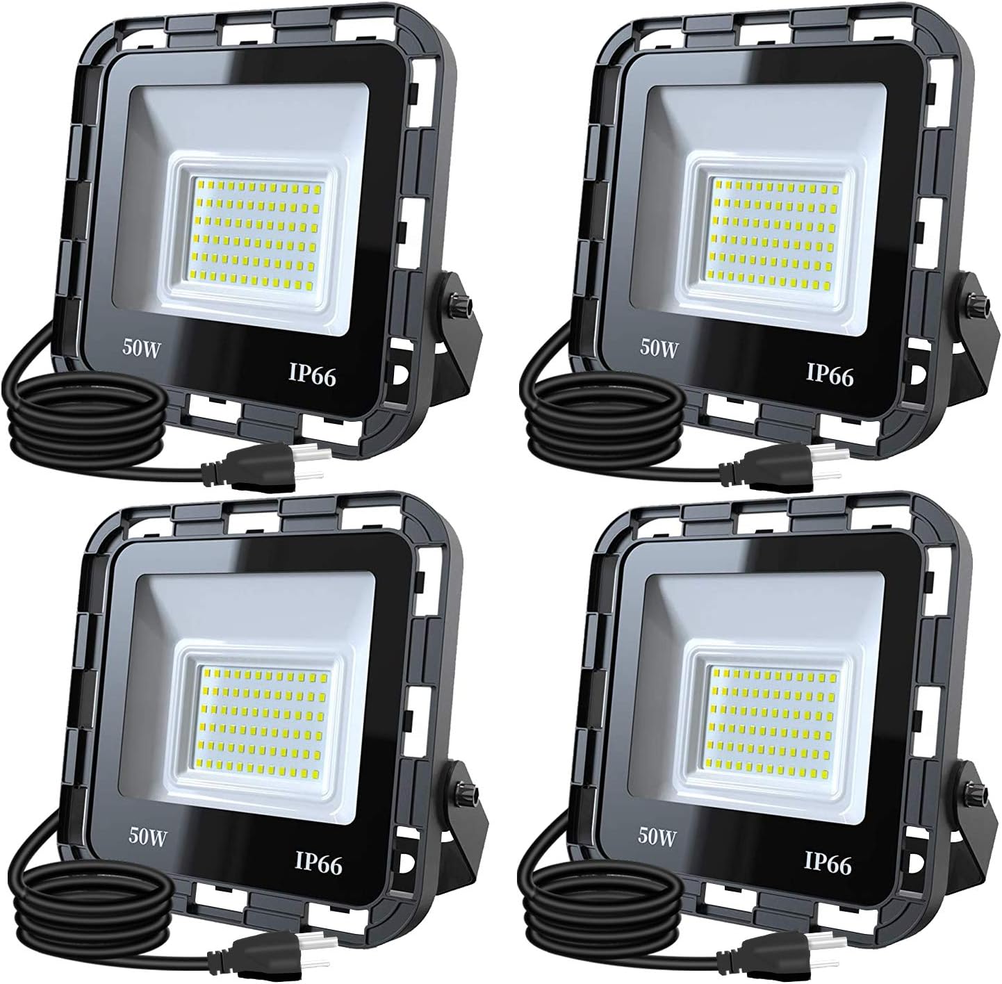 OVAC 4 Pack 50W LED Flood Light Outdoor, 5000LM Super Bright Work Light with Plug, 6500K Daylight White, IP66 Waterproof Outdoor Floodlights for Yard, Garden, Playground, Garage