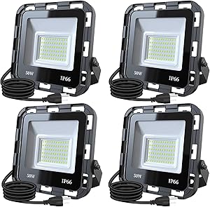 OVAC 4 Pack 50W LED Flood Light Outdoor, 5000LM Super Bright Work Light with Plug, 6500K Daylight White, IP66 Waterproof Outdoor Floodlights for Yard, Garden, Playground, Garage