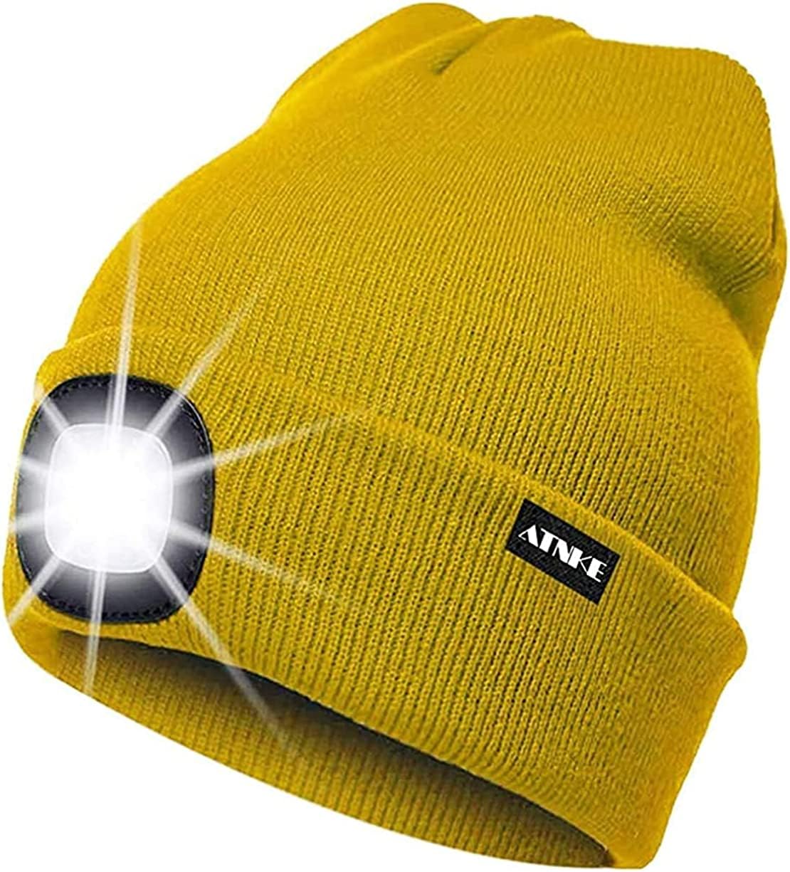 ATNKE LED Lighted Beanie Cap,USB Rechargeable Running Hat Ultra Bright 4 LED Waterproof Light Winter Warm Gifts for Men and Women/Yellow