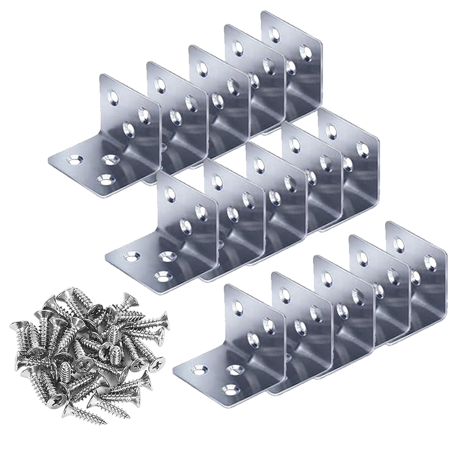 15Pcs L Bracket 38 x 30 x 30 x 1.5 mm, Stainless Steel Sleeper Brackets with 90 Screws, Heavy Duty Right Angle Corner for Wood, Metal Corner Braces for Fixing Timber
