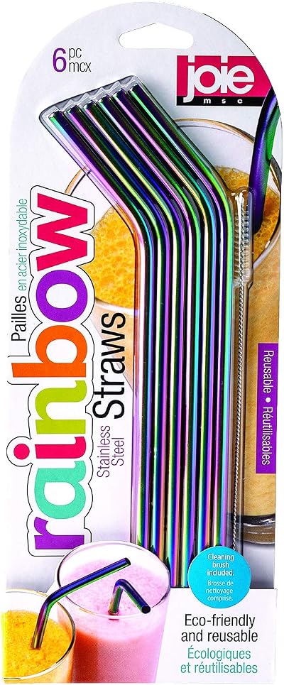 Joie Reusable Iridescent Metal Straws Set of 6 Stainless Steel Rainbow