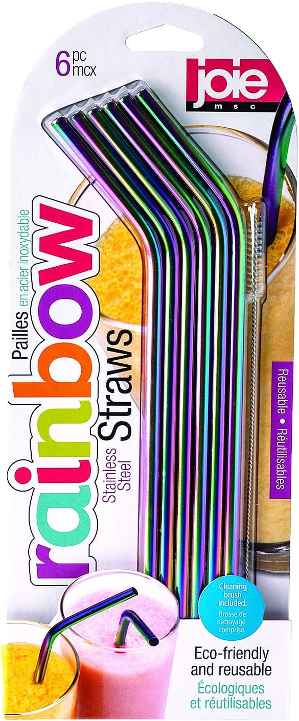 Joie Reusable Iridescent Metal Straws Set of 6 Stainless Steel Rainbow