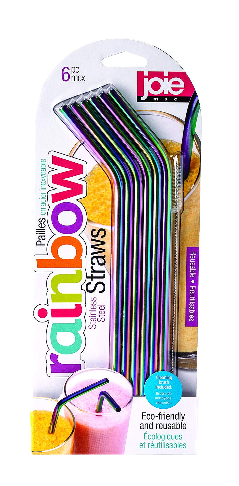 Joie Reusable Iridescent Metal Straws – Set of 6 Stainless Steel Drinking Straws with Cleaning Brush, Eco-Friendly & Durable, Rainbow