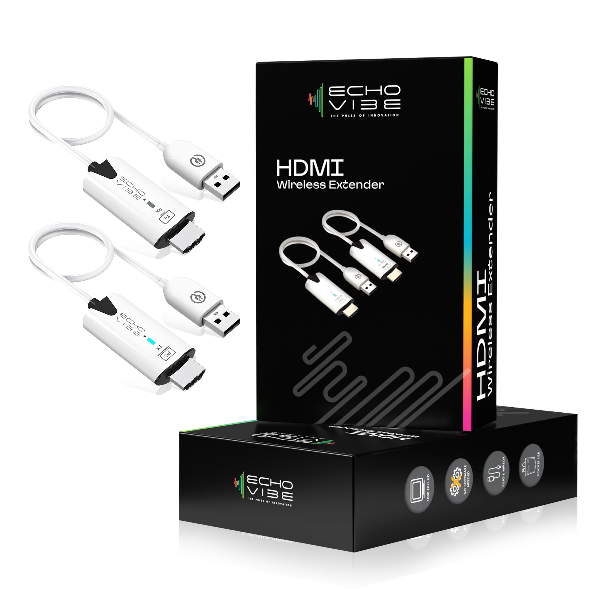 ECHO VIBE Wireless HDMI Transmitter and Receiver 30m Range – 1080P 60HZ Portable Ultra-Lightweight Wireless Extender for Video Projector, Laptop, PC – Extender Compatible with All OS