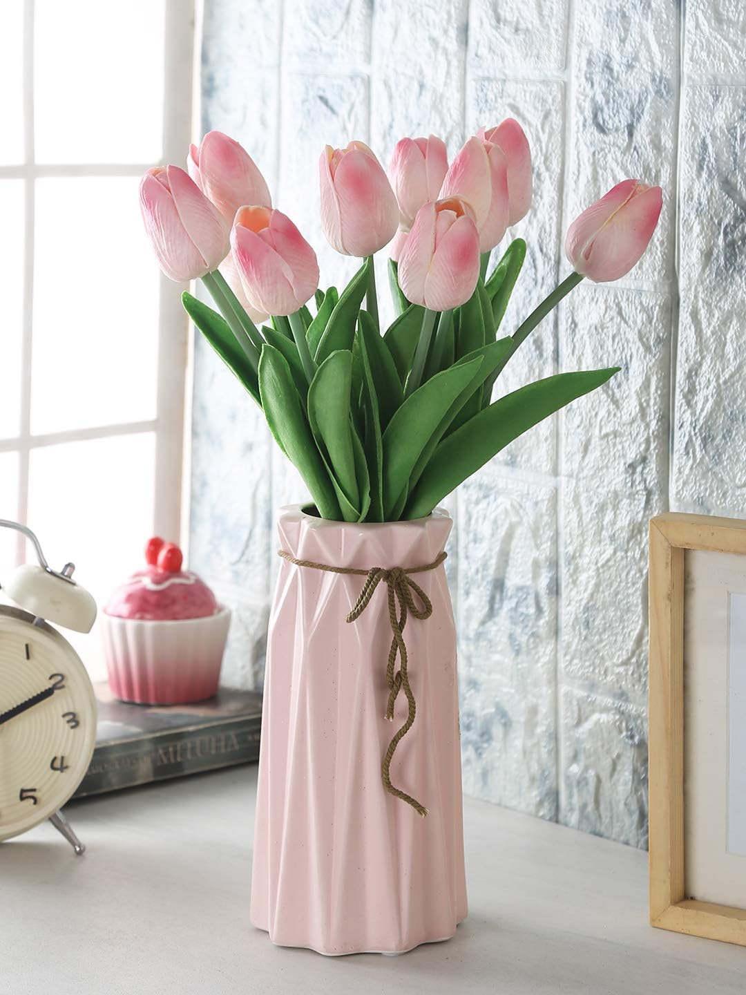 Fourwalls Artificial Decorative Real Touch Mini Tulip Flower Sticks (4 cm x 4 cm x 32 cm, Pink, Set of 8)