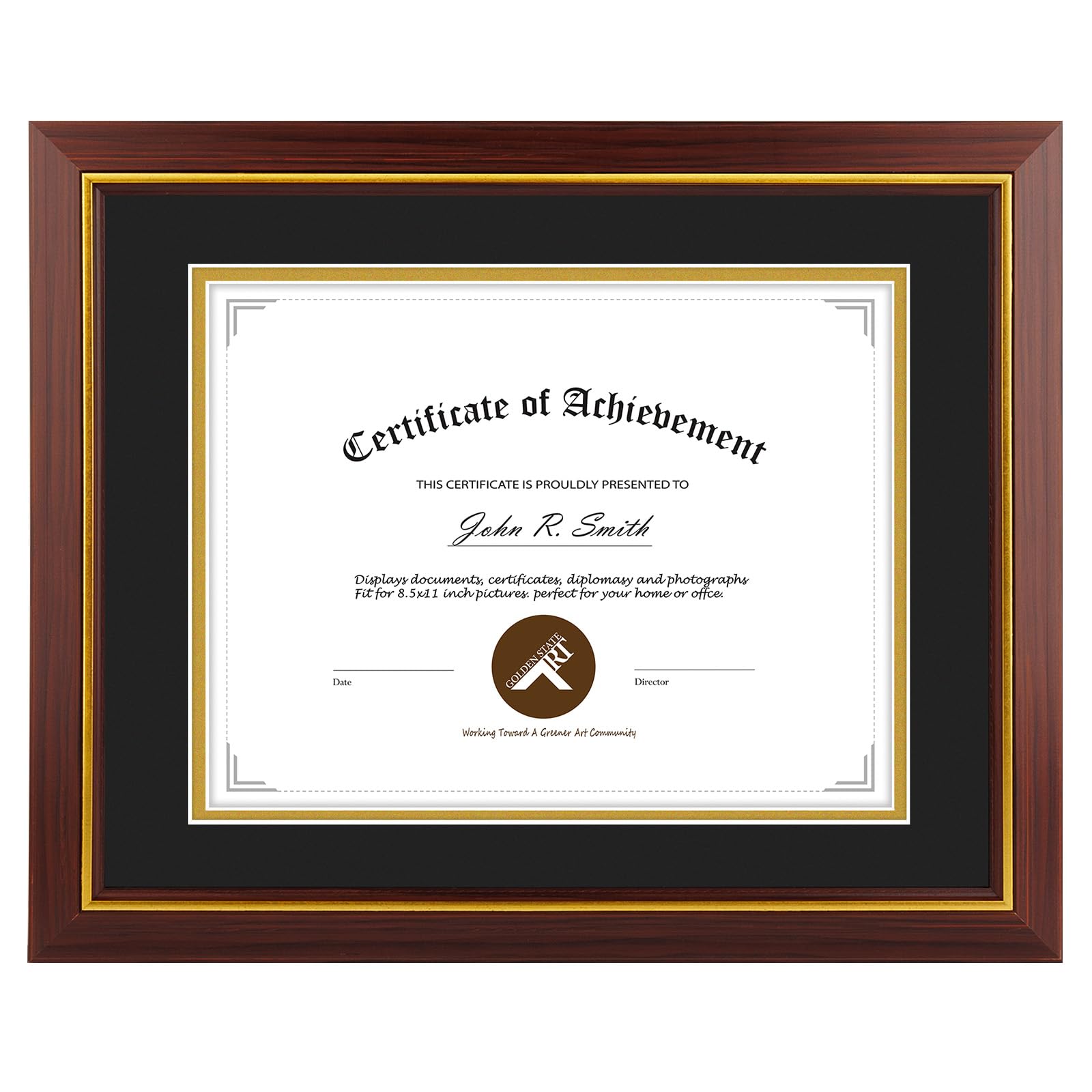 Photo 1 of 11x14 Diploma Frame Brown with Gold Trim - Display 8.5x11 Diploma with Black Over Gold Double Mat Or 11x14 Certificate without Mat - Soild Wood with Tempered Glass - Horizontal Or Vertical Display - 1 Pack