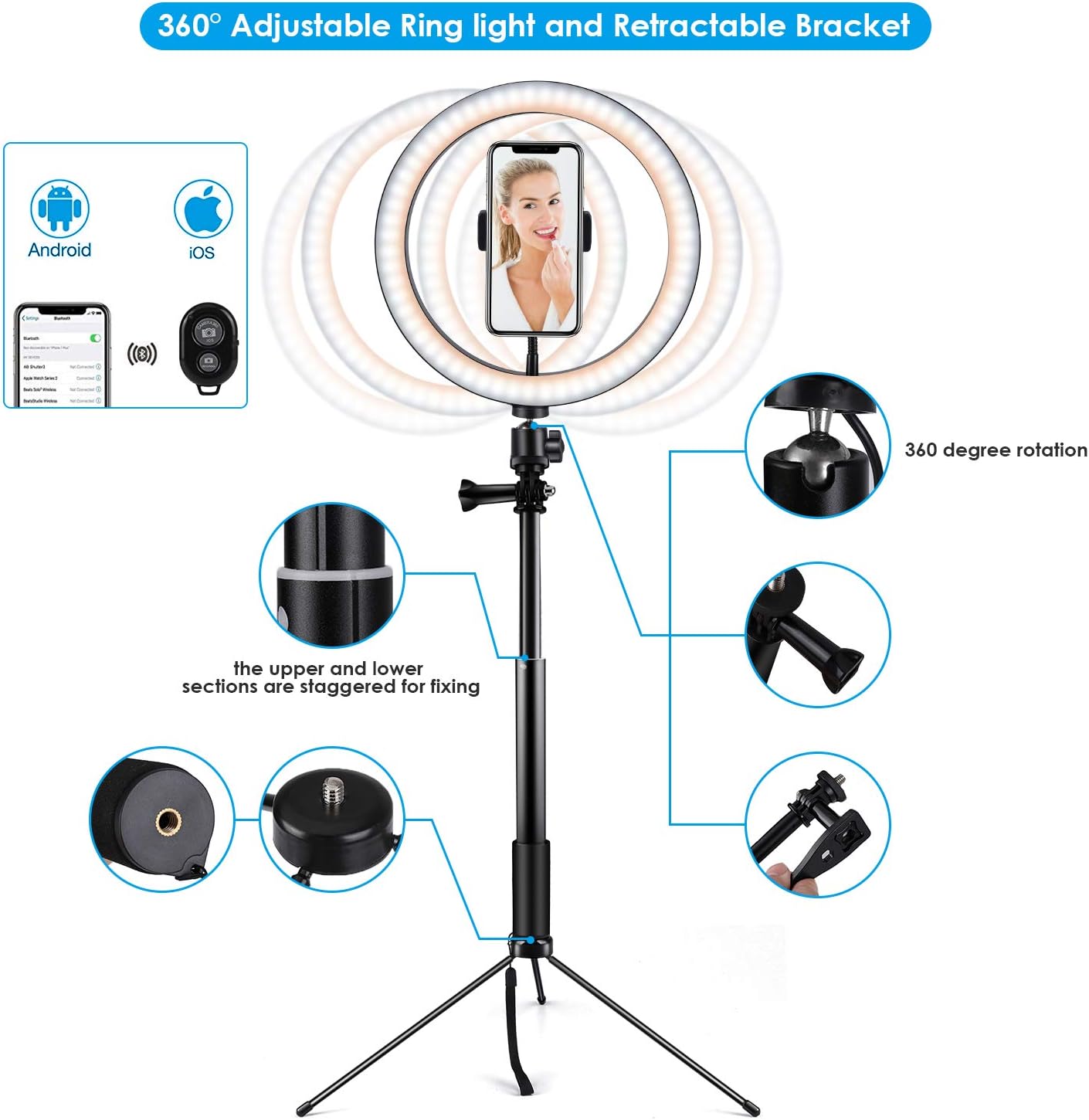 Ring Light 10" Selfie Light Ring with Adjustable Bracket (14.56'' to 65'') Remote Control 3 Modes & 10 Brightness 120 Bulbs Dimmable Desktop Ringlight for YouTube Video/Live Stream/Makeup/Photography : Camera & Photo
