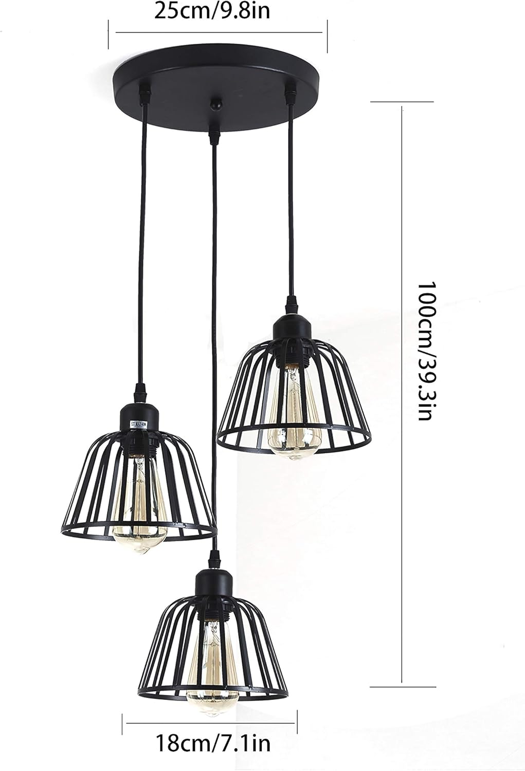Rustic Industrial Pendant Light, 3 Lights Industrial Ceiling Hanging Light Fixture Chandelier E26 for Kitchen Island Bedroom Living Dining Room, Black - - 
