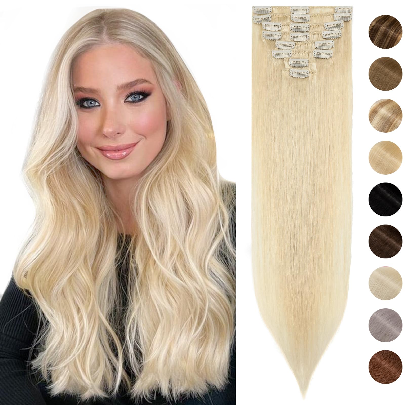 Silk-co Very Thin Human Hair Extensions Clip in Hair Extensions Real Human Hair 8 PCS 100% Real Remy Straight Hair Pieces Clip on -Basic Thickness-Thin Weft(12inch-55g, #613 Bleach Blonde)