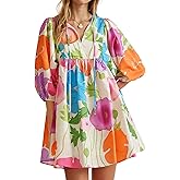 Yousify Womens Summer Dresses Floral Mini Babydoll Dress V Neck Puff Sleeve Loose Fit Boho Beach Sundress with Pockets