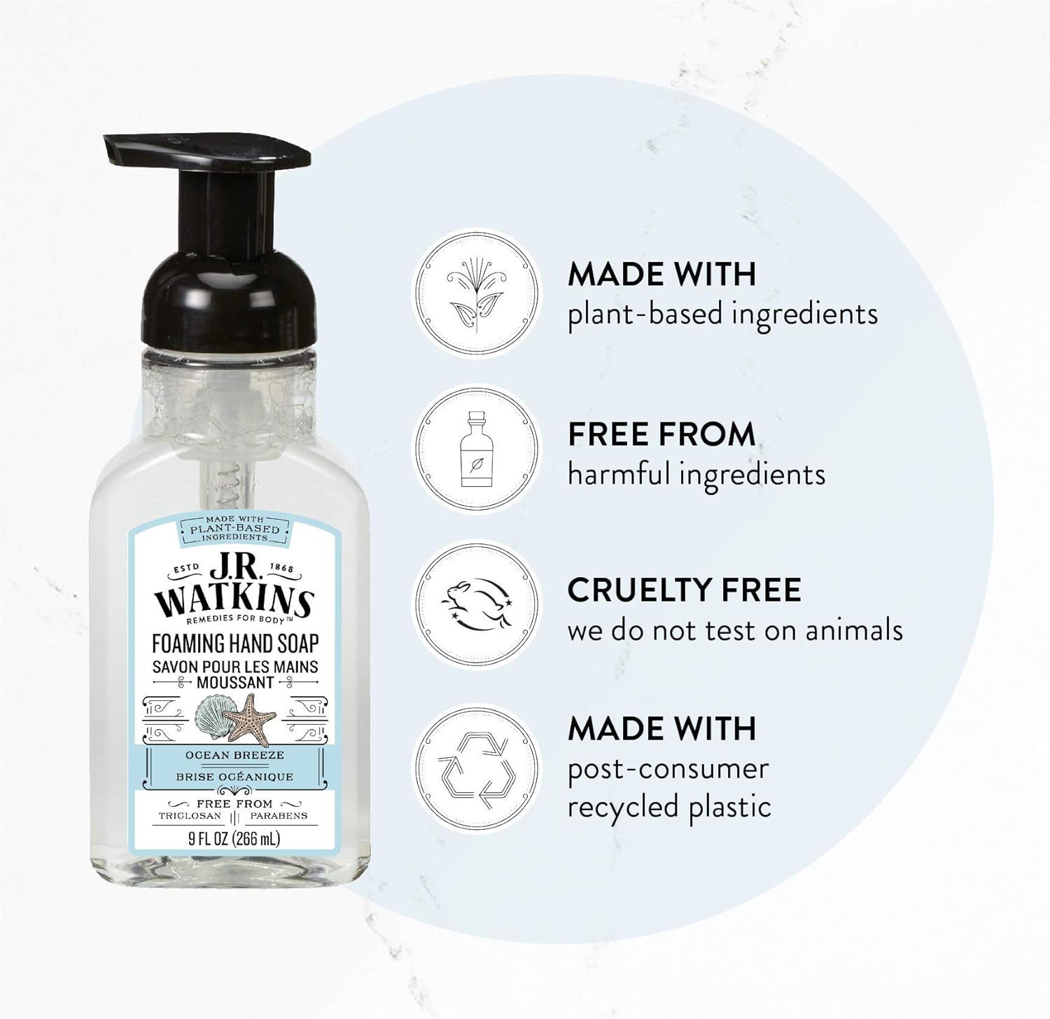 J.R. Watkins Foaming Hand Soap For Bathroom or Kitchen, Scented, USA Made And Cruelty Free, 9 Fl Oz, Ocean Breeze, 6 Pack: Beauty